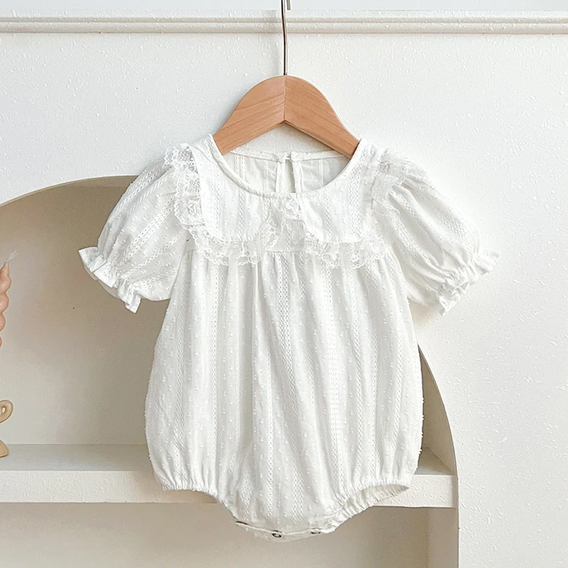 

2024 New Summer Toddler Baby Girls Jumpsuit Short Sleeved Cotton Lace Splicing Newborn Baby Girl Romper 0-24M Baby Girls Clothes