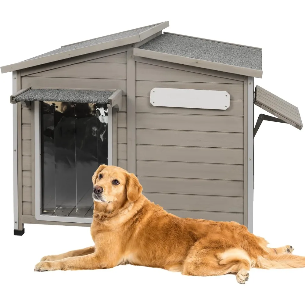 

43 L Outdoor Extra Large Dog House with Removable Floor, Raised Feet, Anti-Chewing Iron Frame – Wooden Kennel with Asphalt Roof,
