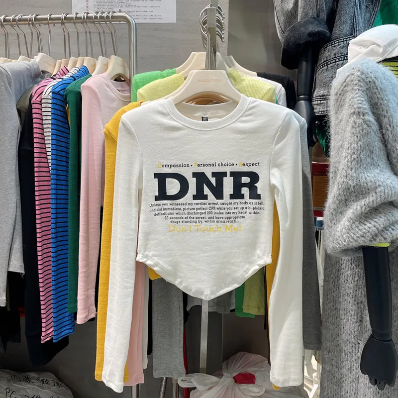 

Fashionable Long Sleeve Women's T-shirt Letter Print Short Style Korean Version round Neck Casual Wear Polyester Cotton Blend