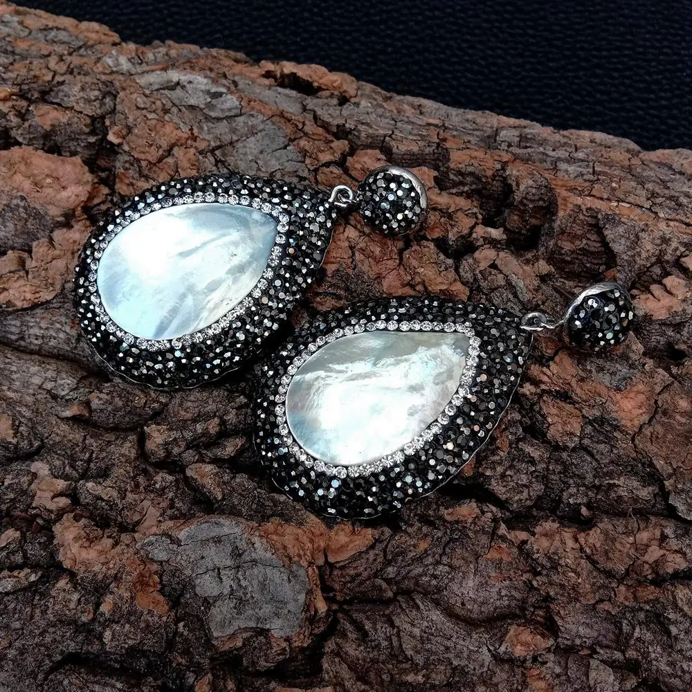 KKGEM 24x35mm Natural White Sea Shell Teardrop Black Crystal Pave Dangle Stud Earrings 5