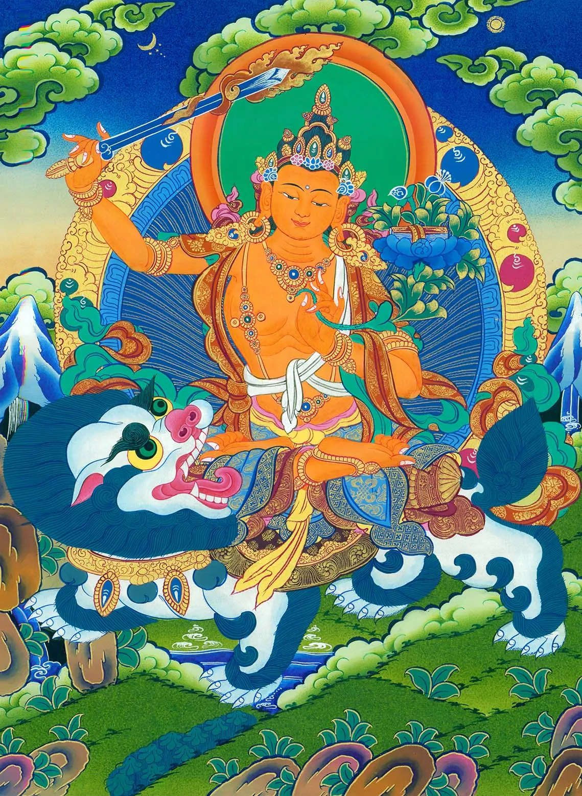 

Manjushri on a Lion Thangka,Gandhanra тибетское искусство, печать Жикле и ручная оправа, 47 × 32 дюйма