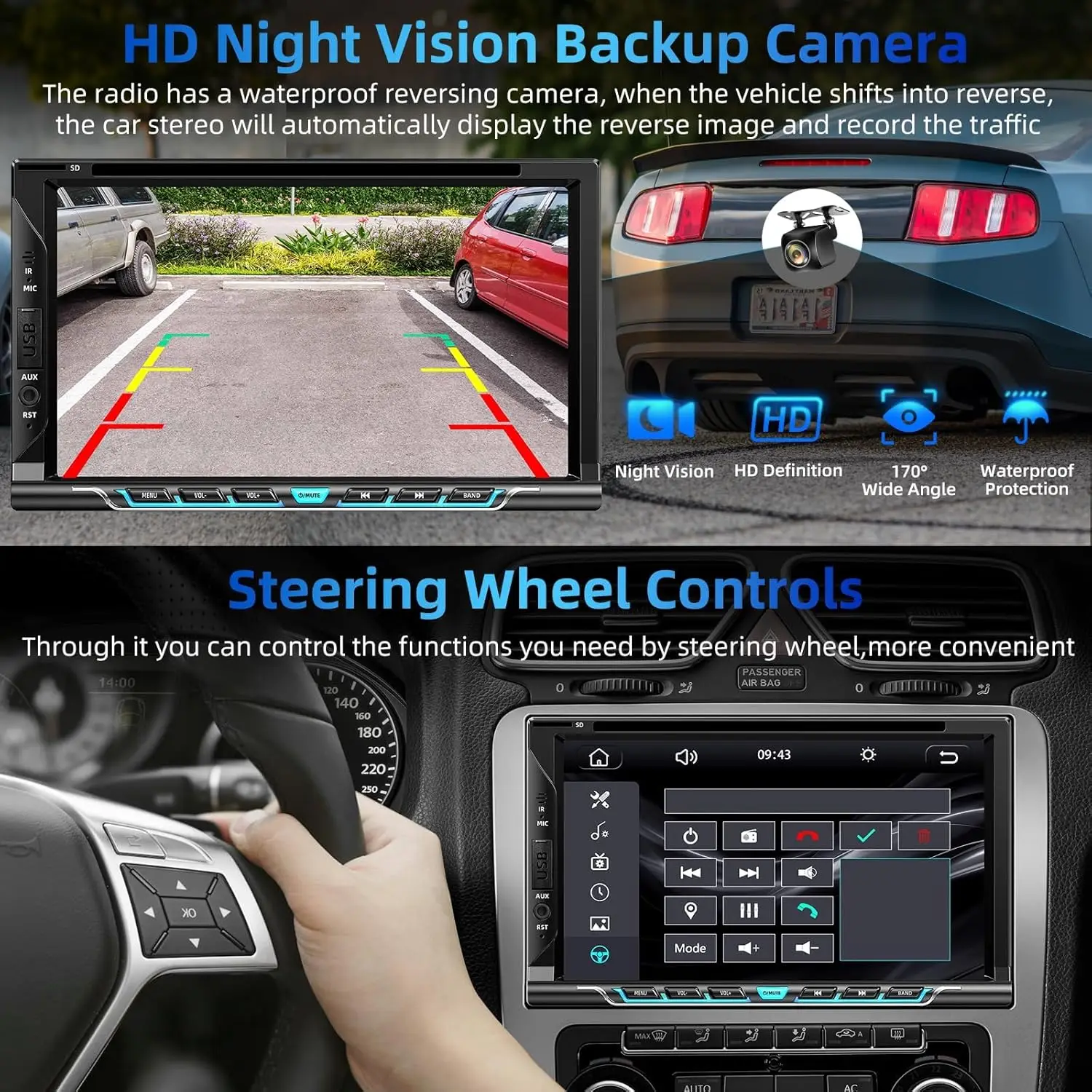 7-Zoll-Autoradio mit kabellosem CarPlay, Android Auto, Bluetooth 5.2, Rückfahrkamera, MirrorLink