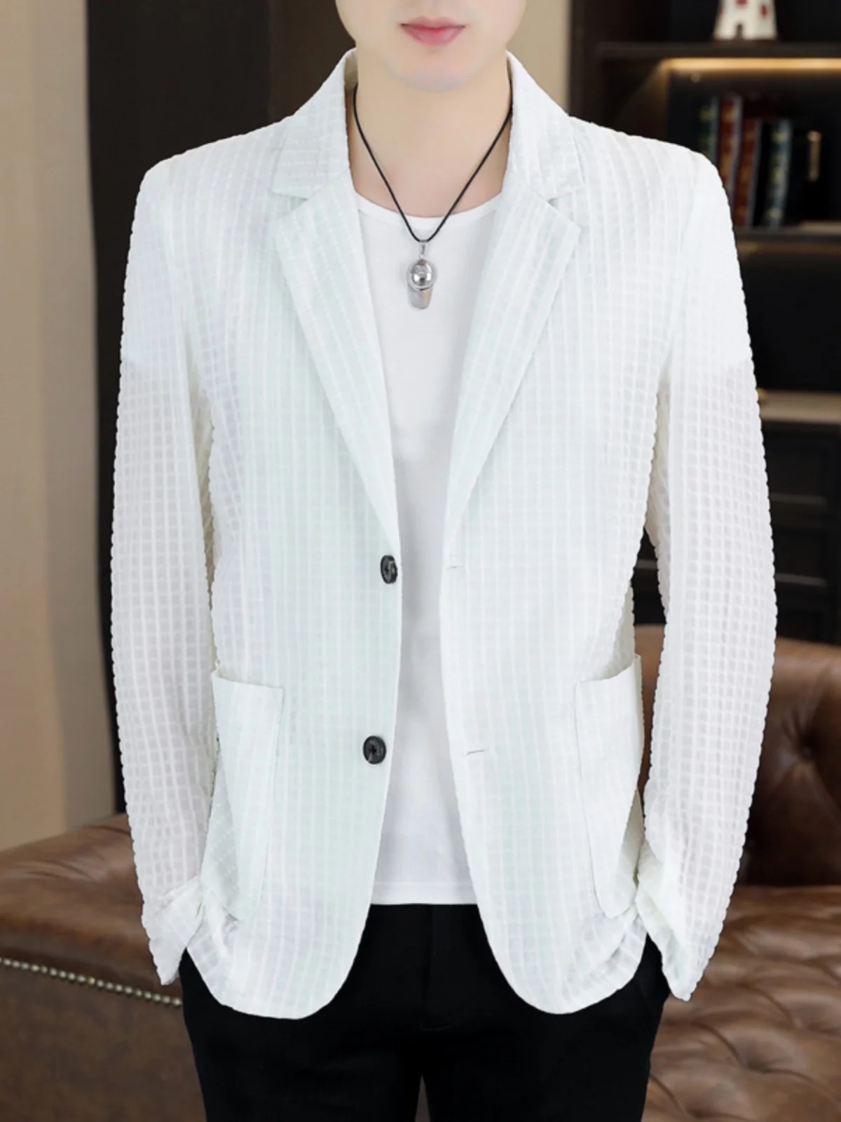 

Summer Thin Ice Silk Men's Suit Lightweight Breathable Slim Fit Casual Busin Color Cheered Jaet Faionable Urba...