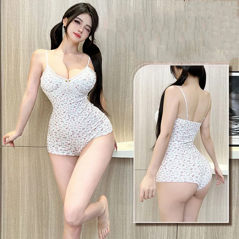 

Women Sexy Floral Print Bodysuit Lace Trim Sleeveless Slim Fit Leotard Summer Jumpsuit Romper Sexy Underwear Nightwear Lingerie