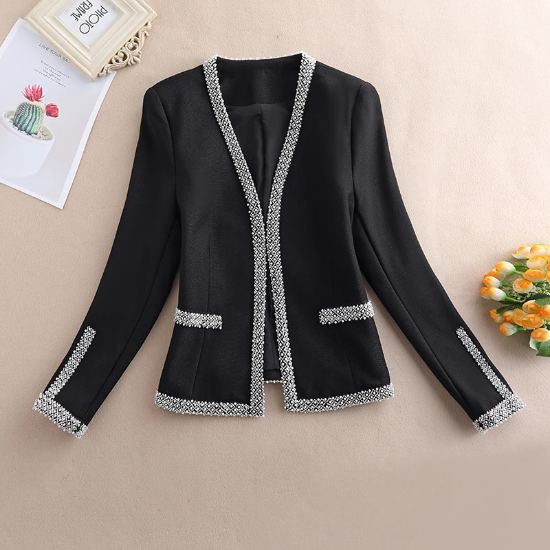

Ele Heavy-Worked Bead Women's Suit Jaet ort Outerwear Spring Faion Commute Sle V-Ne Long Sve Slim Fit Coat