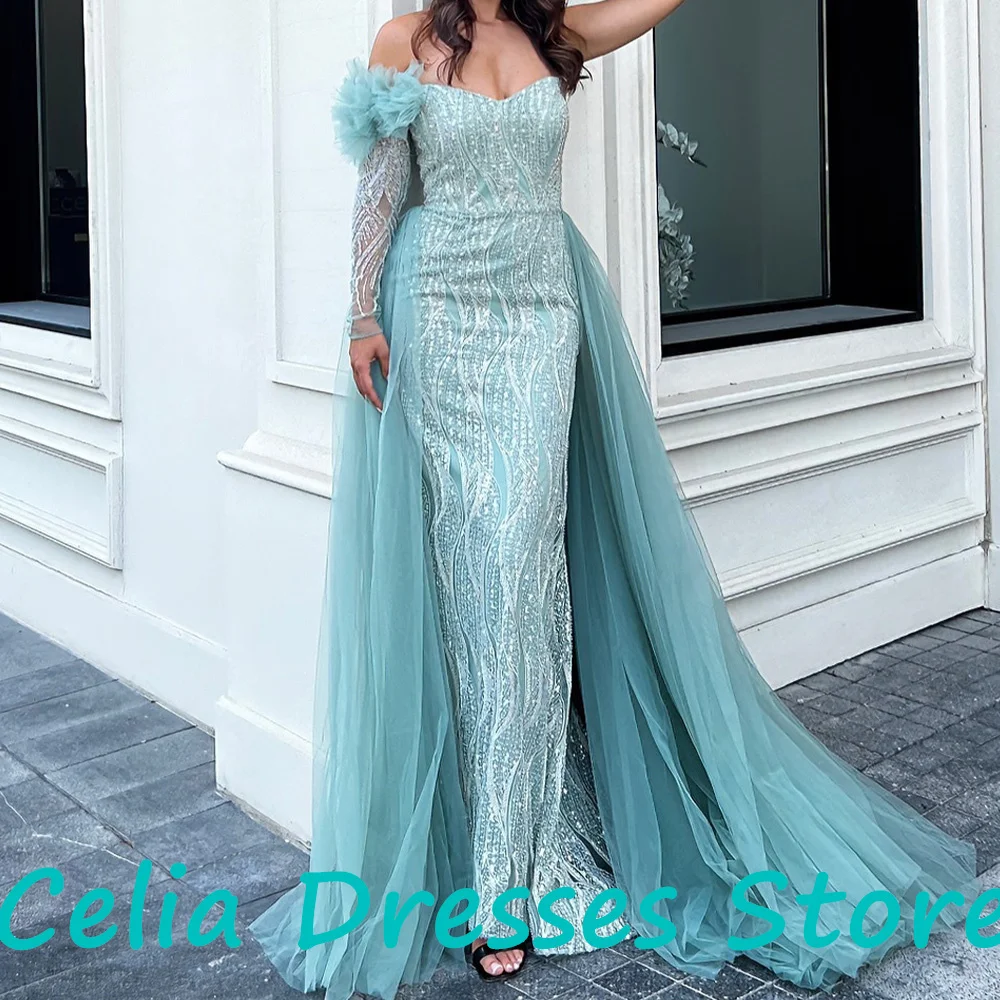 Elegant Luxury Evening Dress 2024 Floor Length One Shoulder  3/4 Sleeves Pleats Sweep Train Beading Crystal Quinceanera Gowns