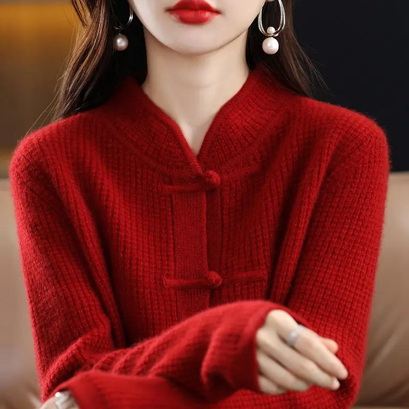 2023 autumn winter chinese retro style cheongsam button stand collar long sleeve knit sweater blouse chinese tang suit top s619