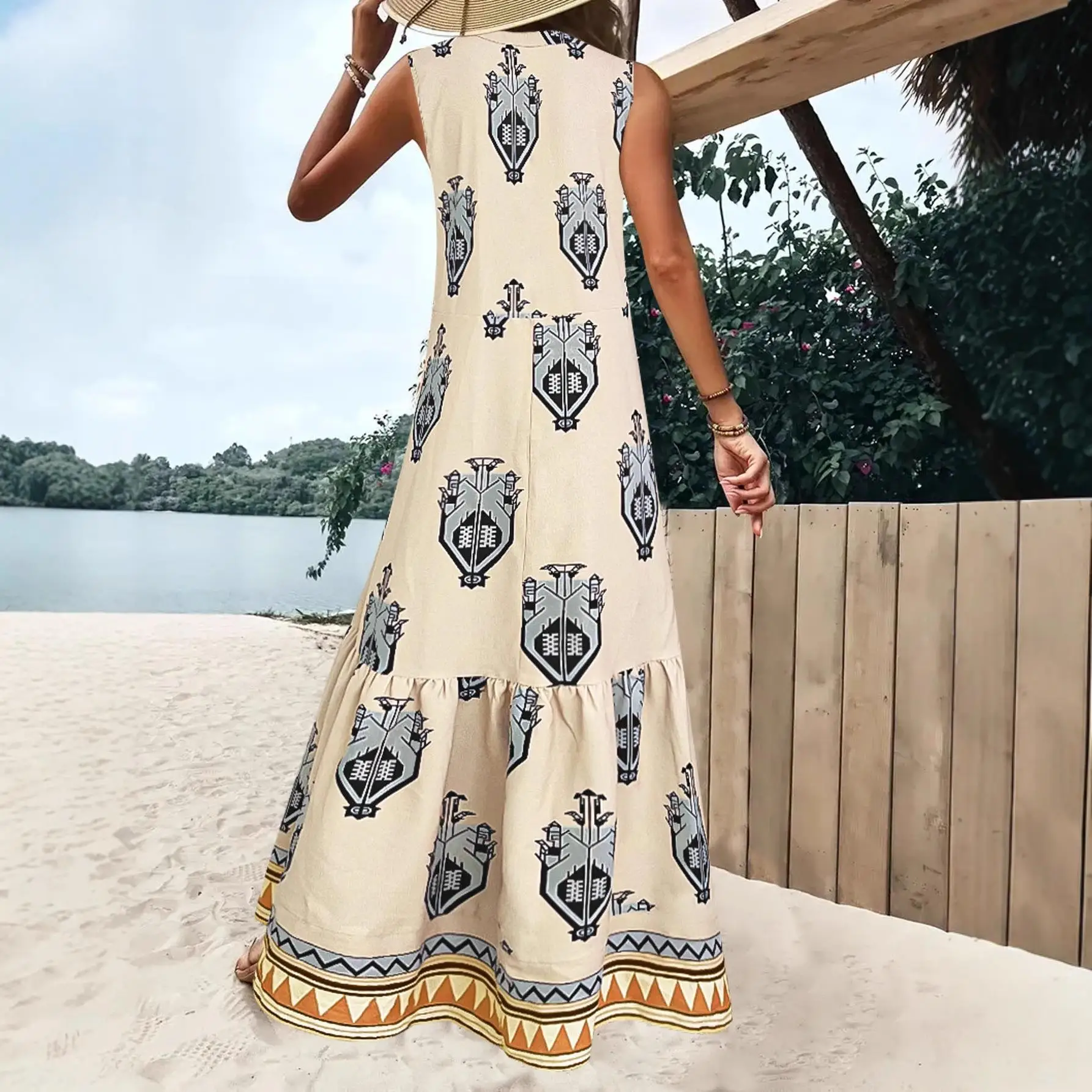 보헤미안 프린트 맥시 드레스 딥 V넥 민소매 여름 드레스 큰 사이즈 캐주얼 스타일 루즈핏 허리 트리아세테이트 섬유