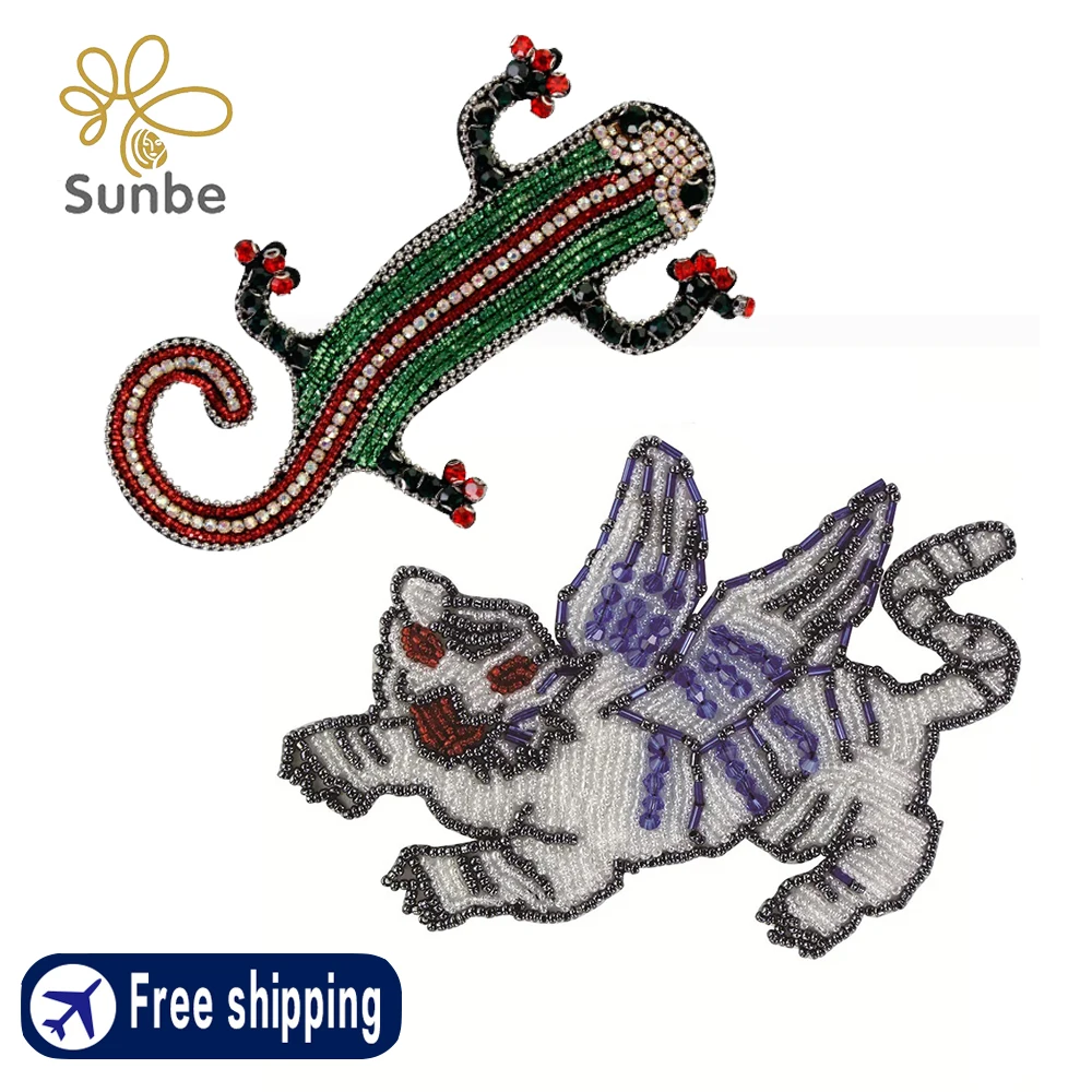 Beaded Crystal Gecko Fly Tiger Patches Sew on Badge Decoration Appliques DIY Accessories Sew on Patches