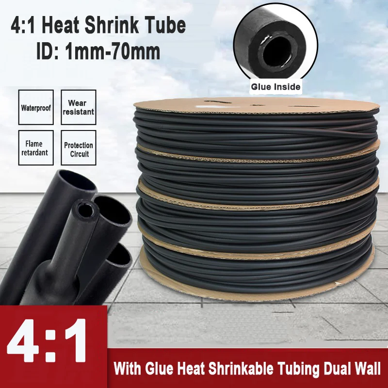 1/2/5M 4:1 Heat Shrink Tube with Glue Thickened Double Wall Insulation Sleeve Wear-Resistant Waterproof Cable Protection 1-70mm