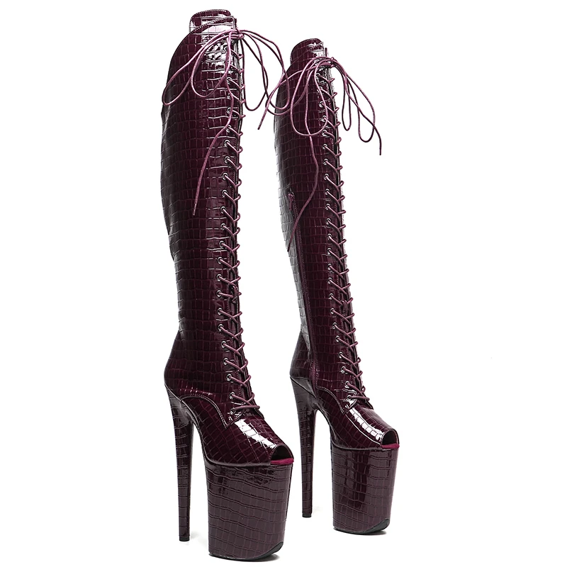 Leecabe 23CM/9inches Shiny PU Upper Small Open Toe Trend Fashion High Heel Platform Stripper Heel Pole Dance Boots