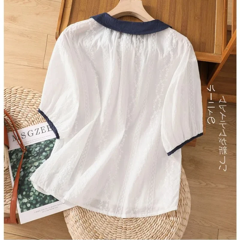 White Button Solid All-match Youth Blouse Summer New Short Sleeve Contrast Loose Fashion Shirt Tops Sweet Korean Women Clothing