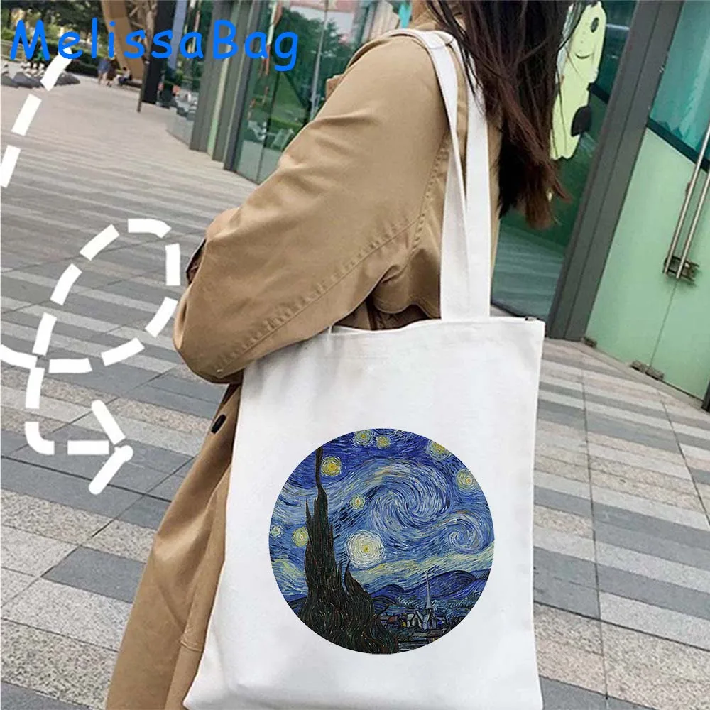 Cute Van Gogh Painting Women Canvas Shoulder Bag Totes Bag Aesthetics Sunflower Shopping Cotton Handbag Starry Night Books Bags