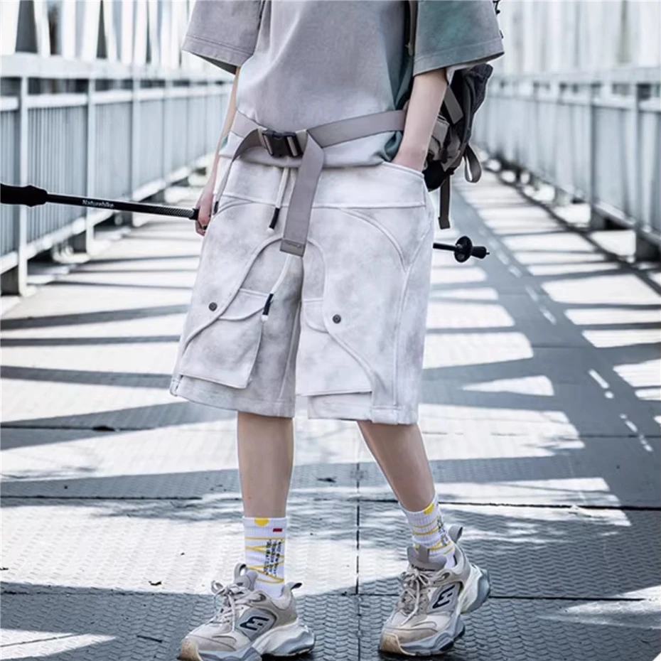 Tactical Cargo Shorts Men Streetwear Hip Hip Punk Tie Dye Short Multiple Pockets Outdoor Function Casual Knee Length Pants Male
