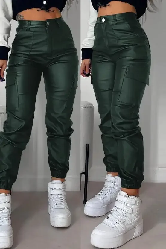 

Women's Cargo Pants 2024 Fashion Street Trends Pocket Design Cuffed Y2k Tight PU Leather Trousers Autumn High Waist Pant Female