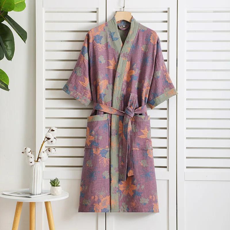 Cotton Double-layer Gauze Bathrobes Spring Thin Pajamas Half Sleeve Kimono Robe Women Yarn-dyed Jacquard Robes Home Loungewear