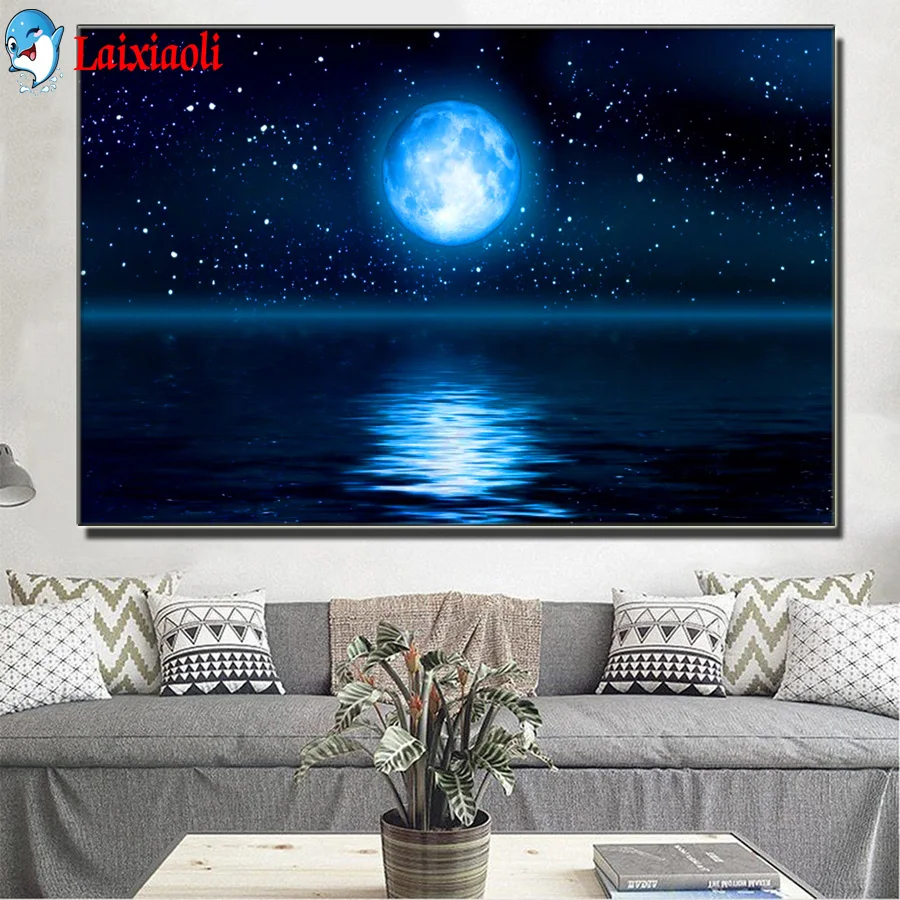 5D DIY Full Square Round Diamond Embroidery Moon & stars landscape Diamond Painting lake Cross Stitch Mosaic Home Decoration