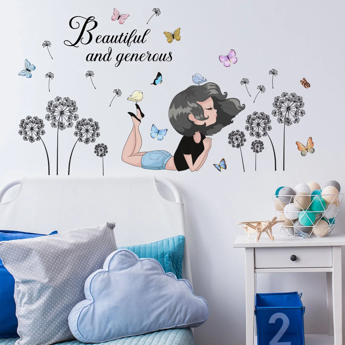 

2pcs Dandelion Little Girl Butterfly Cartoon Wall Sticker Living Room Bedroom Decorative Mural Wall Sticker Wallpaper Ms2138