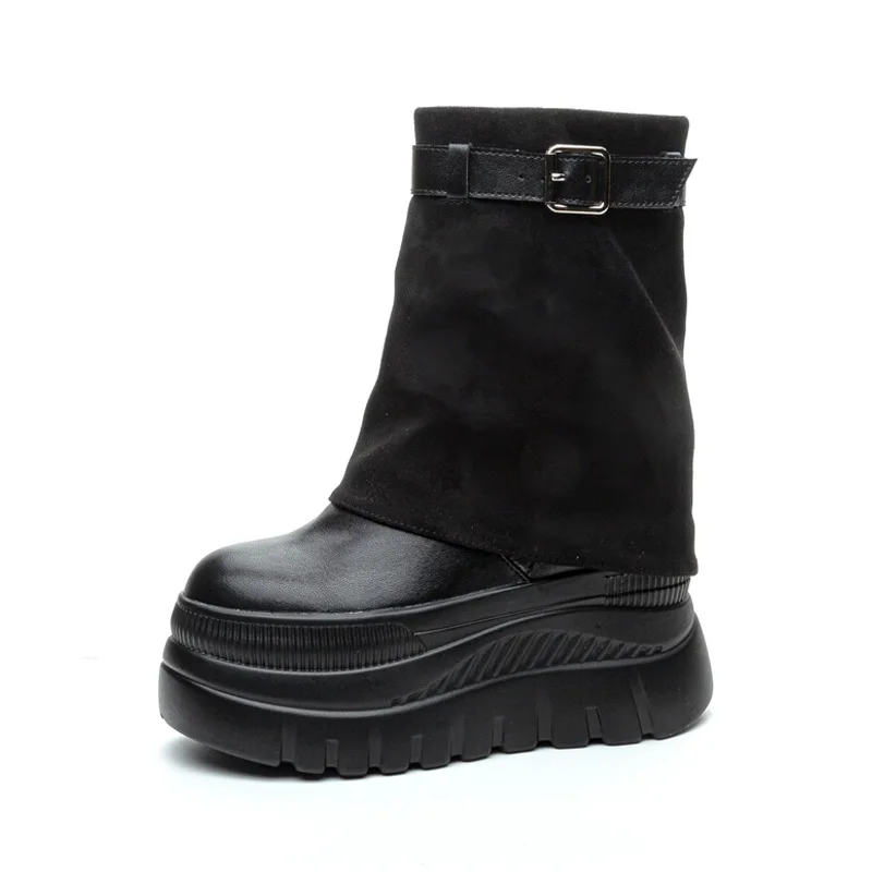 

Осенняя обувь на танкетке 12 см, ботильоны из натуральной кожи, женские ботильоны до колена на высоком каблуке, мотоциклетные женские весенние панк-ботинки