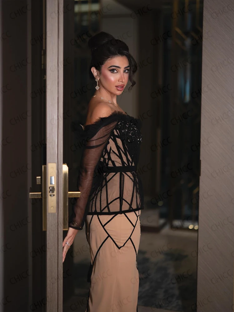 Elegant Black Evening Dresses Off Shoulder Long Sleeve Prom Dress Mermaid Feather Wedding Guest Dress Customized robes de soirée