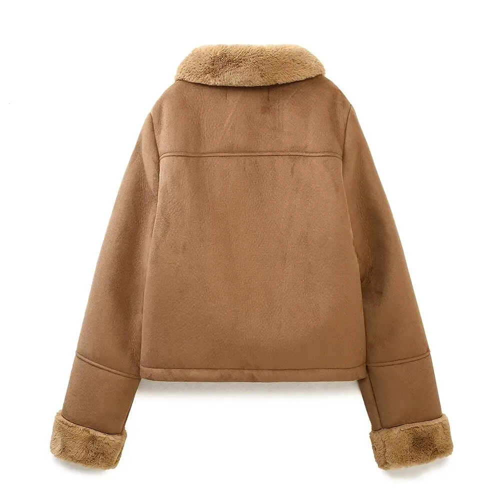 TRAF Women 2024 autumn and winter new fashion short suede texture effect jacket chic pocket decoration coat Outerwear Mujer