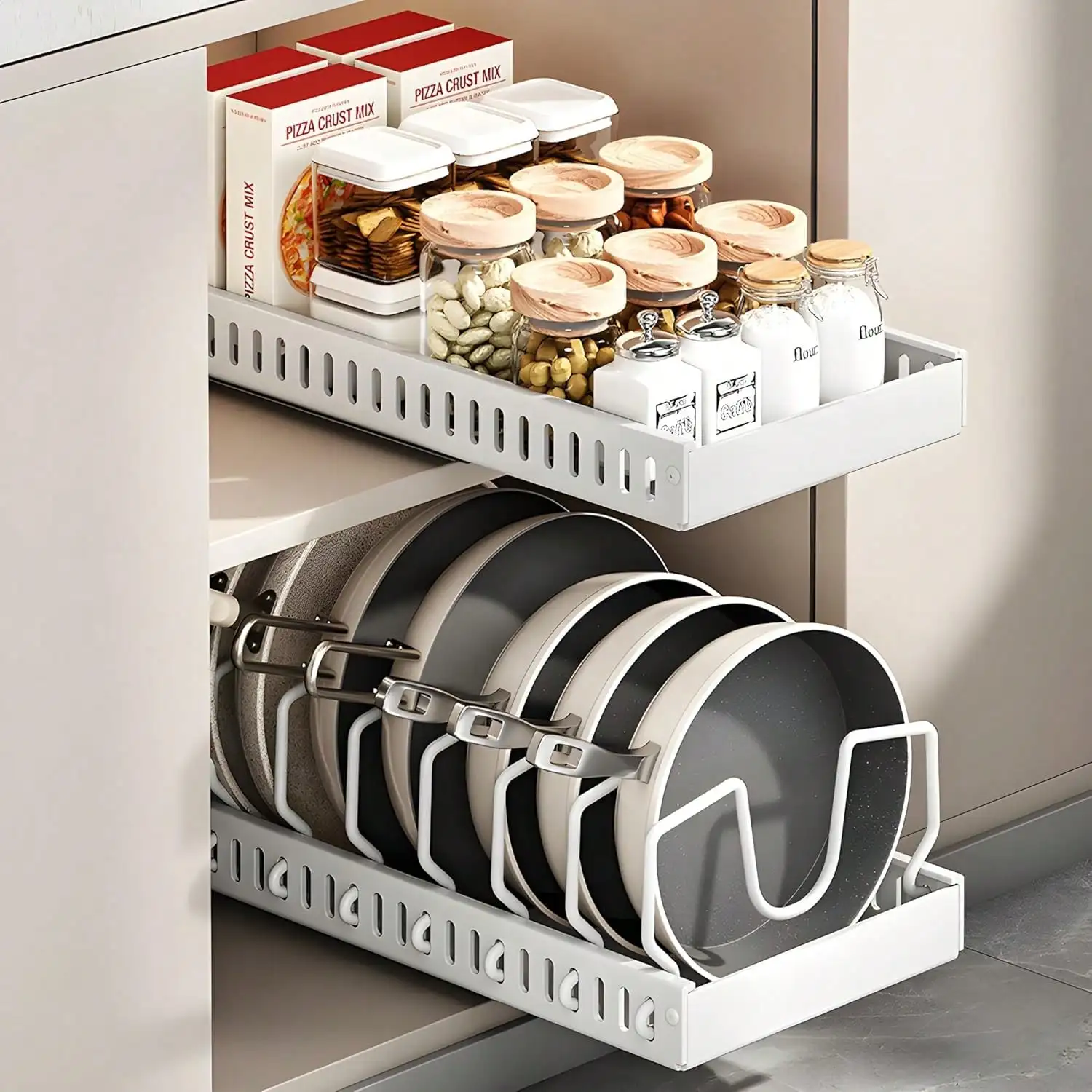 منظم أواني ومقالي سفلية للخزانة، منظم غطاء منزلق للخزانة، منظم خزانة قابل للسحب مع 8 فواصل قابلة للتعديل