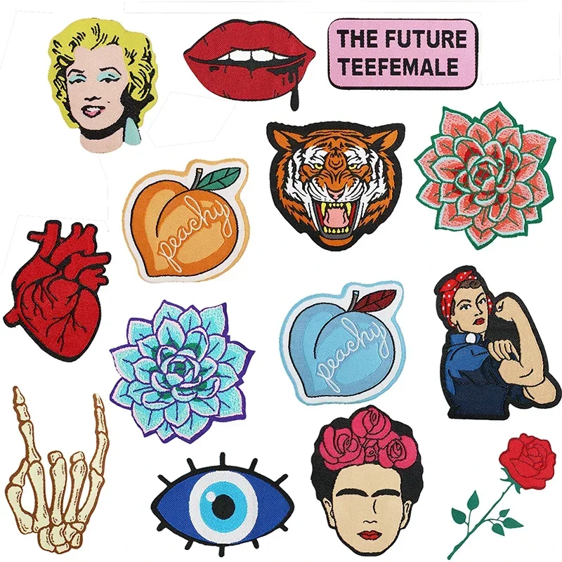 Cartoon Embroidery Patch Girl Power Tiger Lotus Iron on Patches Fusible Stickers for Clothes Ironing Badge Bags Hats Accessories