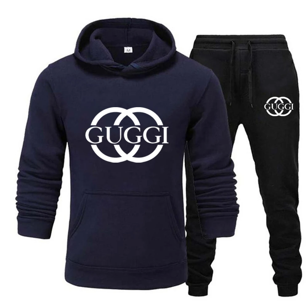 Men's Luxury Hoodie Set GUGGI Print Sweatshirt Sweatpant for Male Hooded Tops Jogging Trousers Suit Casual Streetwear Tracksuit