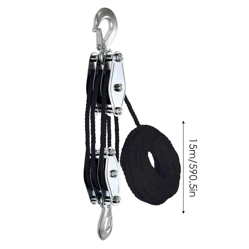 Block And Tackle 50 Ft 3/8 Rope Pulley Hoist With 5:1 Lifting Power 2200 Lbs Breaking Strength Heavy Duty Pulley System Rope