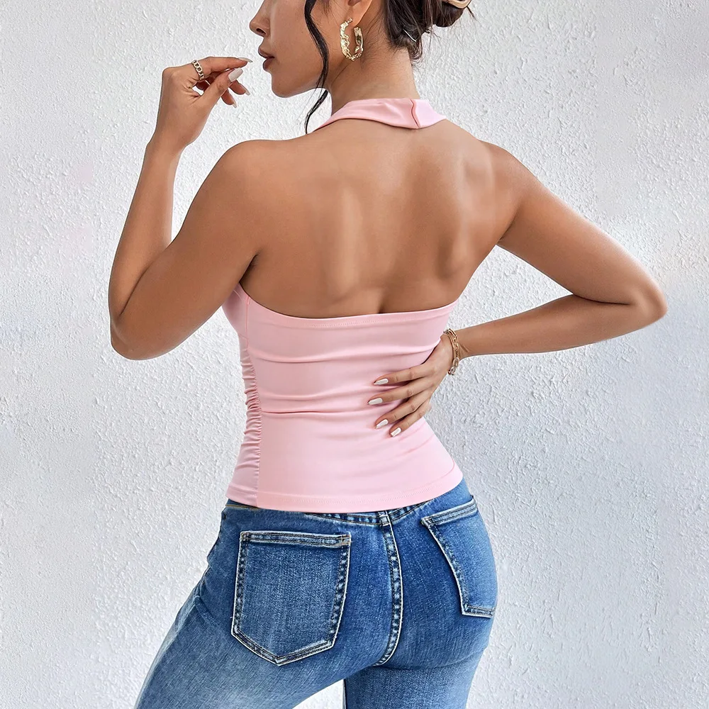 French Summer New Sexy Halter Twist Deep V Neck Sleeveless Vest Women Slim Crop Top