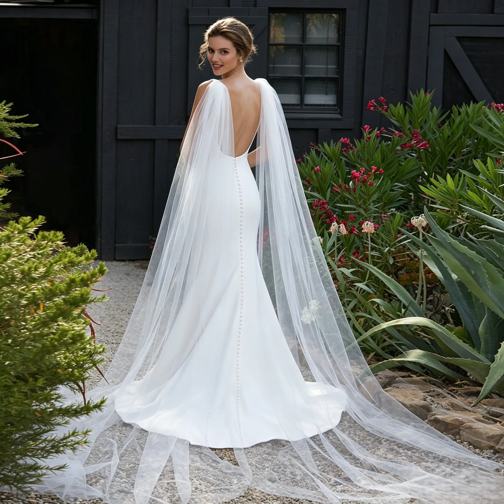 2pc Tulle Bridal Shawl with Shoulder Pin - 300cm Detachable Angel Wings Cape for Strapless Wedding Gown Elegant Plain Tulle GP52