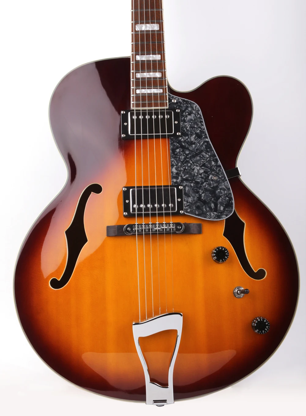 Single cutway electric jazz guitar double f hole vintage color semi hollow body rosewood fingerboard block inlay.