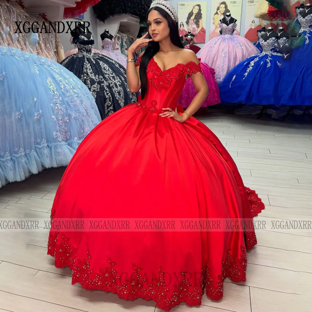 Maßgeschneiderte rote Ballkleid-Quinceanera-Kleider 2026, wunderschönes Sweet-16-Kleid mit V-Ausschnitt und Perlenschichten, Vestidos De 15 Quinceañera-Schleife