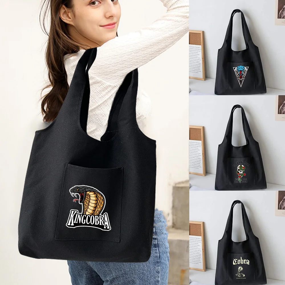 Trendy Shopping Bags Foldable Ladies Canvas Shoulder Bags Cobra Printed Student Shopper Bags Travel Totes Work Handbag