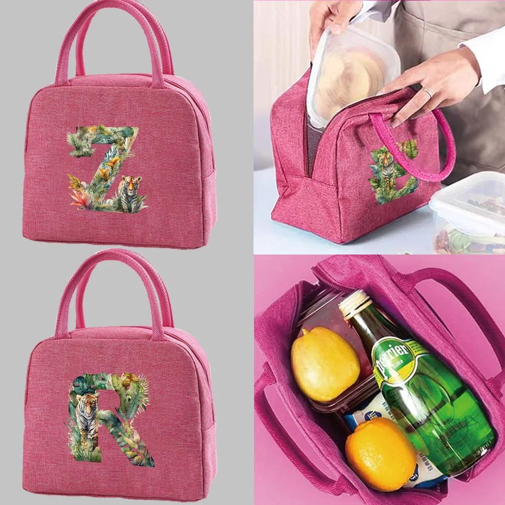 

Canvas Lunch Box Lunch Handbags Insulated Cooler Portable Food Lunch Picnic Dinner Bags Men Women Jungle Tiger Letter Pattern