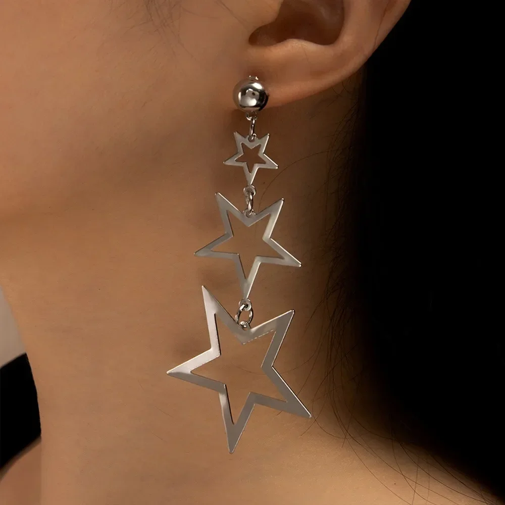 Star Metal Long Drop Earrings Classic Kpop Sweet Double Stars Temperament Girl's Wear Pendants Earrings for Women Jewelry