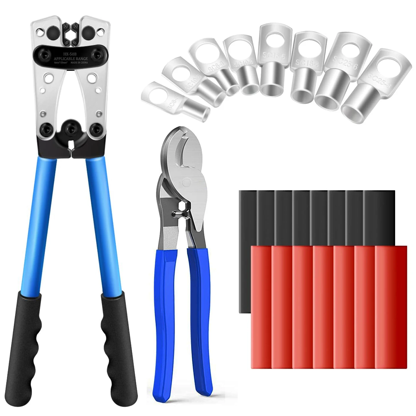 HX-50B Battery Cable Lug Crimping Tool Kit Cable Cutter 60pcs Ring Terminals Heat Shrink Tubing Wire Crimper for Electrical Lug