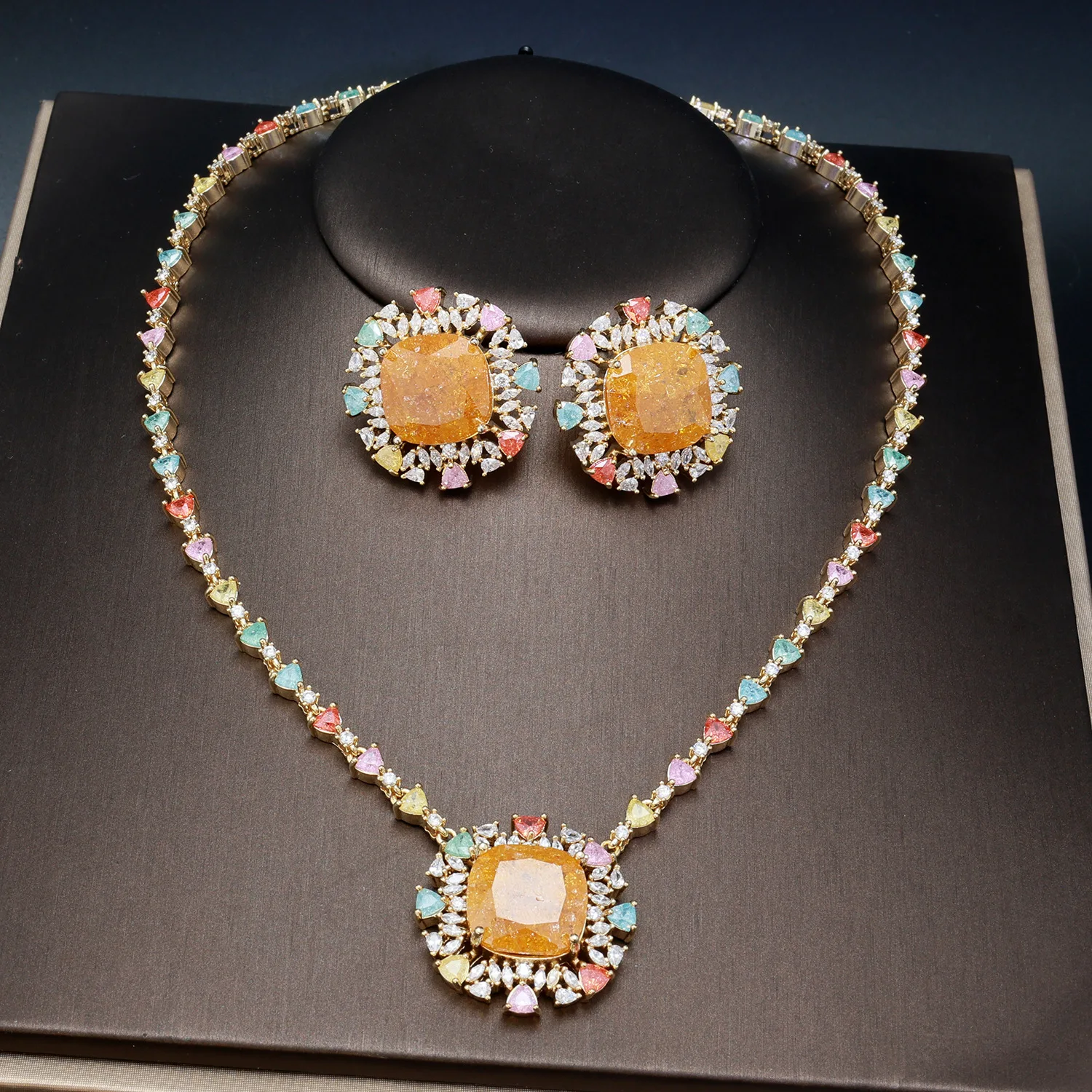 Luxurious Square Vintage Zircon Necklace And Earrings Set European American Style Evening Gown Accessory Cross Design