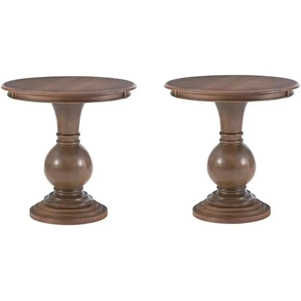 

Set o 2 Round Wood Accent Pedestal Base Tables in Rustic Natural