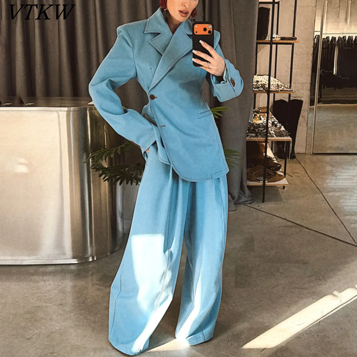 

VTKW 2026 New Arrival Women Light Blue Two Piece Blazer Set Notched Lapel Asymmetric Wide Leg Pants Office Casual Outfit
