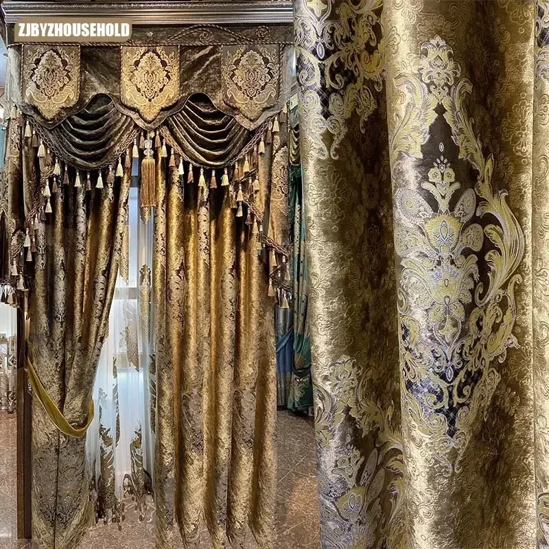 Luxury Velvet Curtains for Living Dining Room Bedroom European High Shading Carved Gold Curry Villa Windows Valance Customize