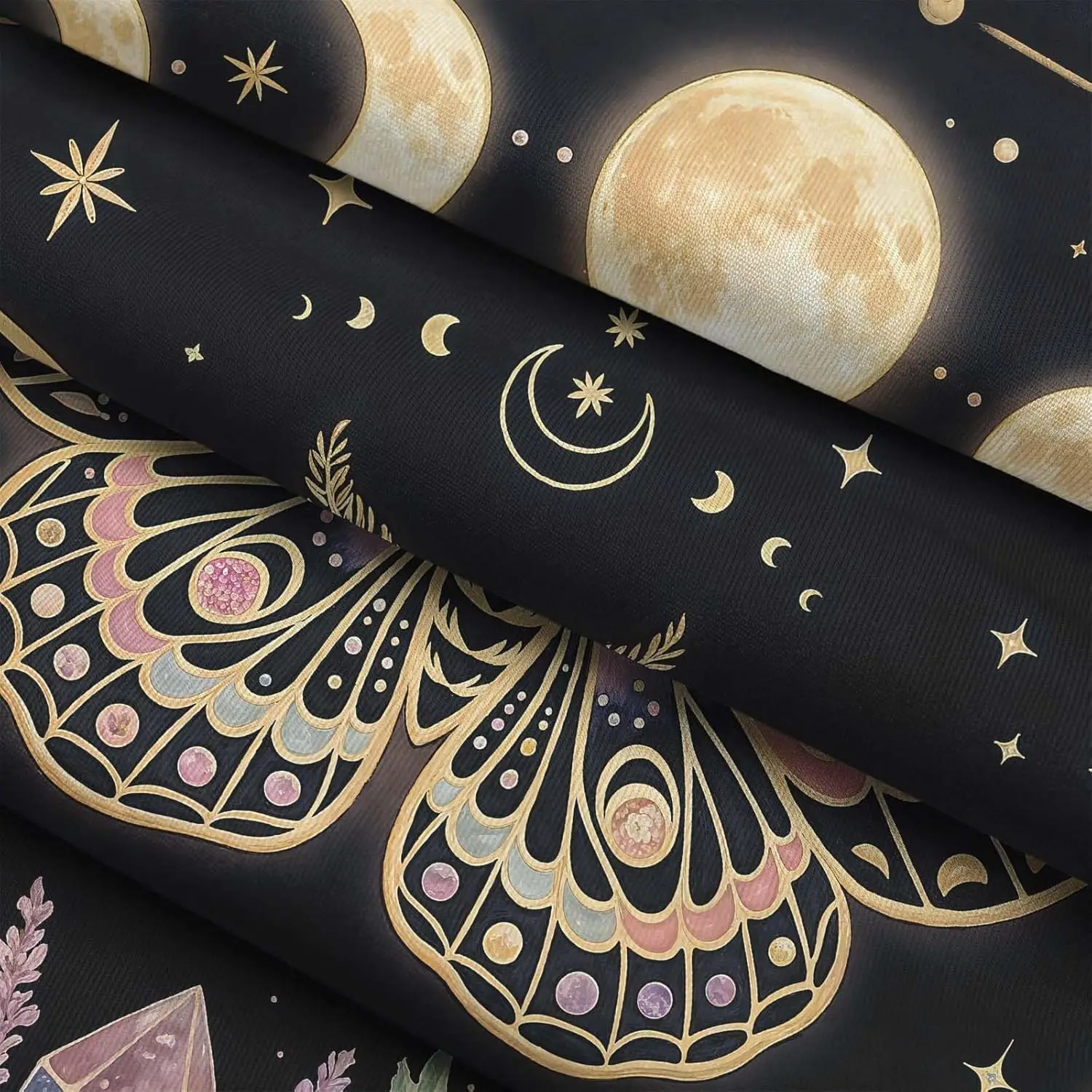 Butterfly Tapestry Wall Hanging Moon Phases Floral Candle Crystal Black and Pink Tapestries for Bedroom Aesthetic Wallpaper view 6