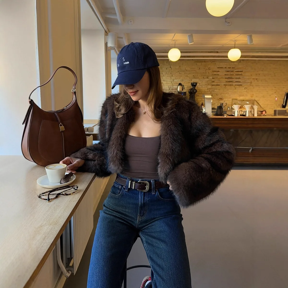 

Short Faux Fur Jacket Short Brown Imitation Fur Clothes Winter Eco-friendly Fur Jacket Women's Clothing