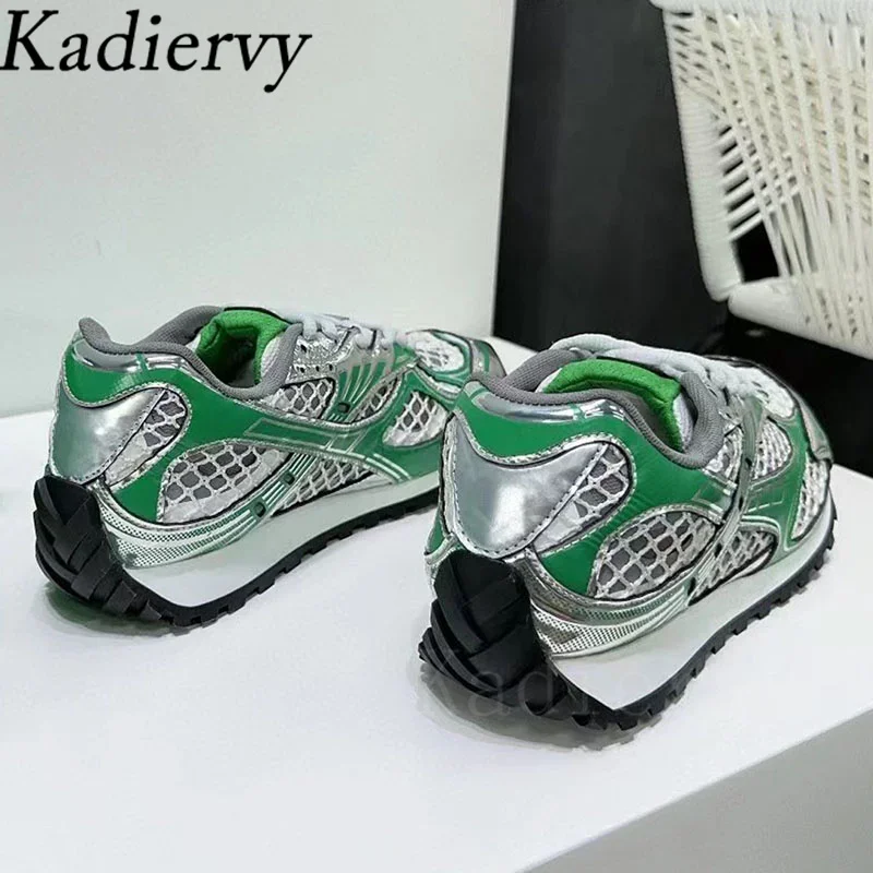 Luxury Sneakers Women Lace Up Round Toe Flat Casual Shoes Patchwork Mesh Hollow Outs Running Shoes Outdoor Sports Shoes Woman