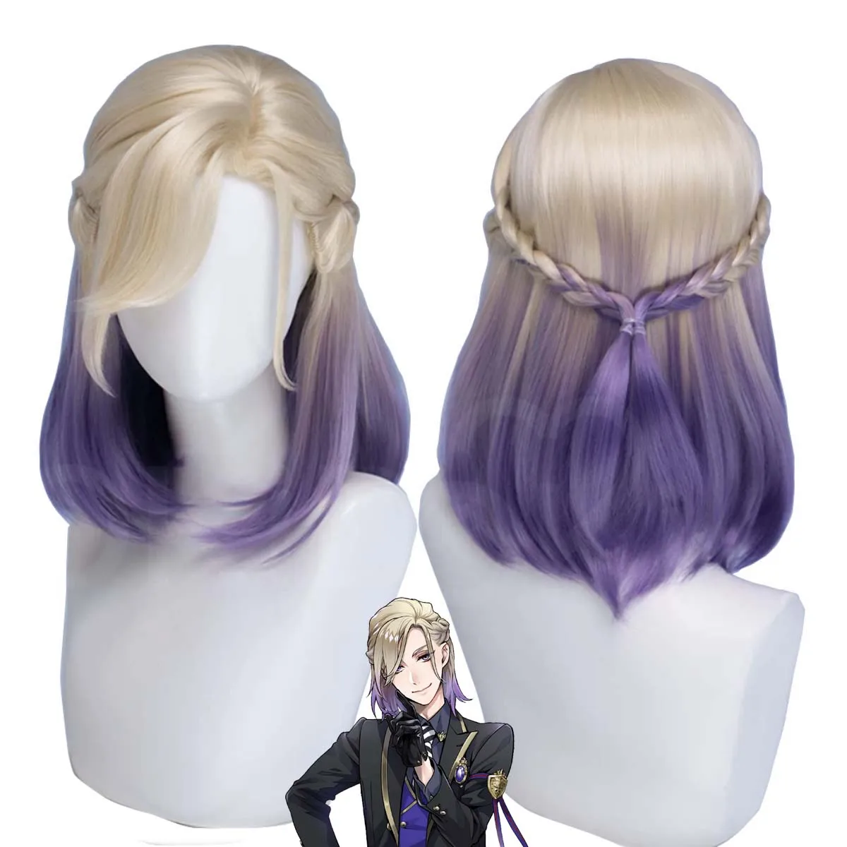 Men Anime Vil Schoenheit Cosplay Wig Blonde Purple Gradient Short Bob With Braids Heat Resistant Synthetic Hair Net Cap