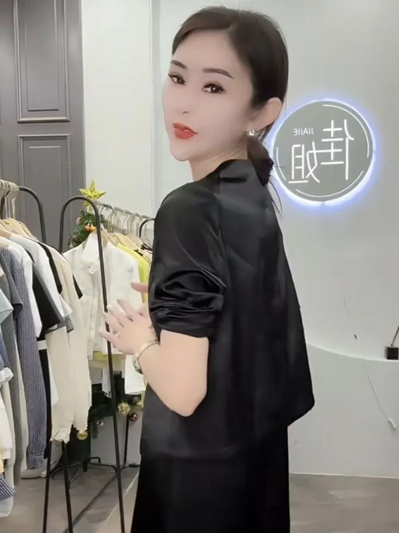 2026 Spring Summer New Temperament Satin Loose And thin V-neck Solid Color Versatile One-Button Short Suit Jacket Women Blazer