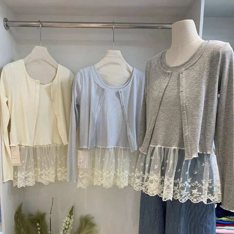 

Korean Version Knit Two-piece Set For Women Autumn New O-neck Splicing Lace Camisole+Long-sleeved Coat Elegant Top