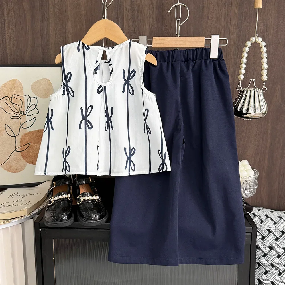 Summer 2025 Kids Suits Korean Version Bow Print Pleated Sleeveless Top+Solid Color Pants Daily Girls Clothes 3-7 Years Old