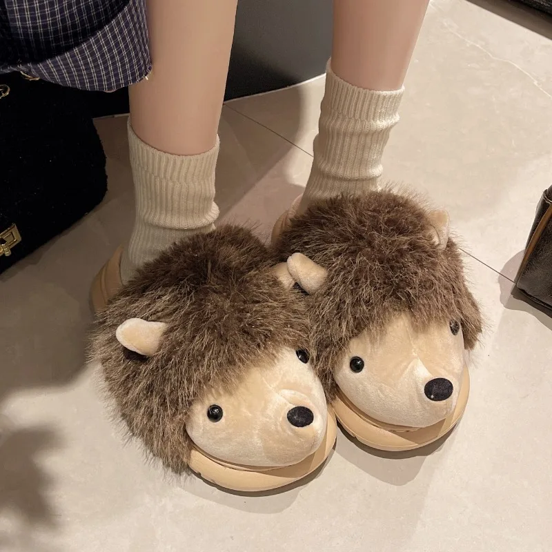 2024 Home Slippers Women's Indoor Cute Warm Winter Plush Cartoon Hedgehog Baotou Cotton Slippers