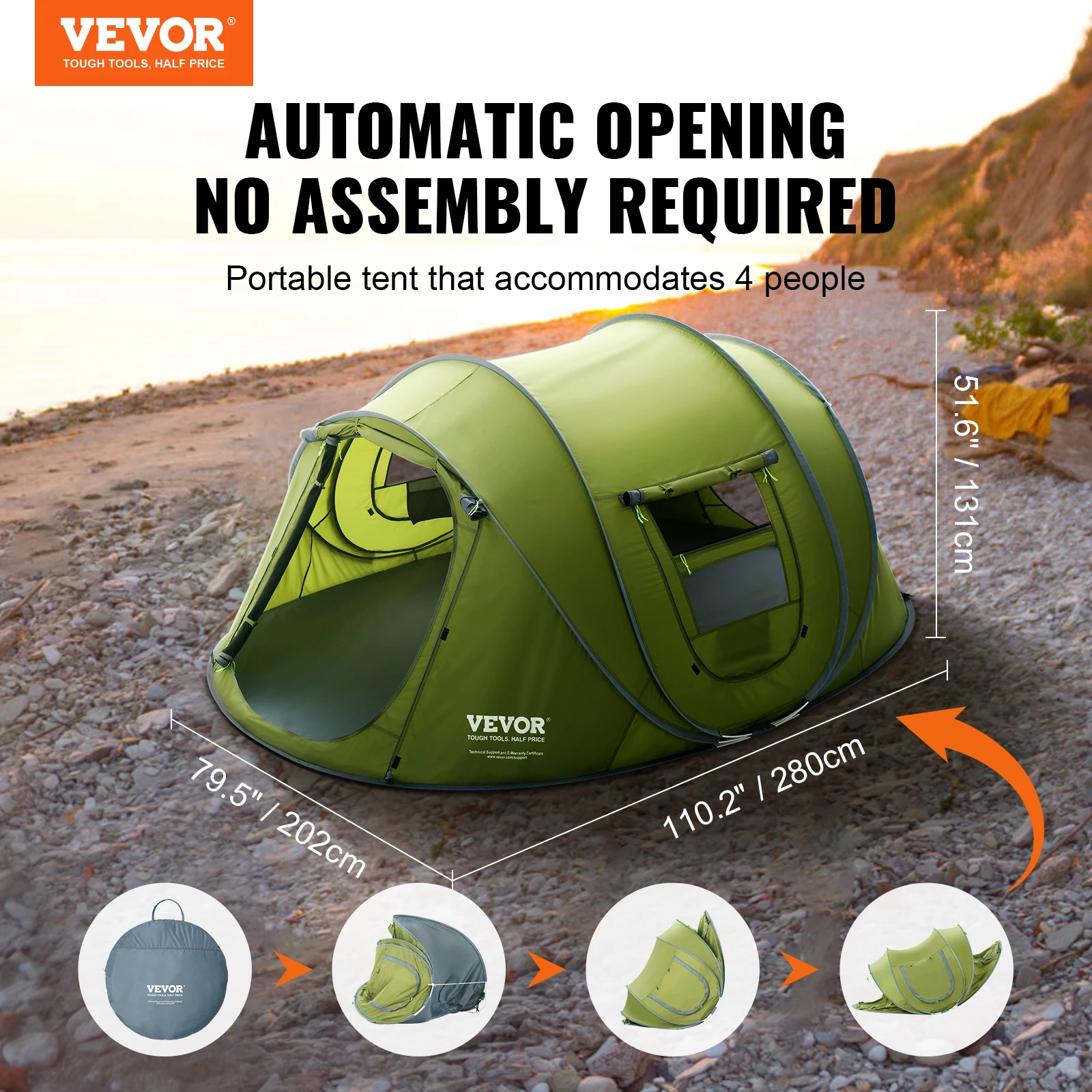 VEVOR Camping Tent Pop-Up Waterproof Backpacking Tent for Outdoor Family Camping/Hiking/Mountaineering Travel fit 4 Person